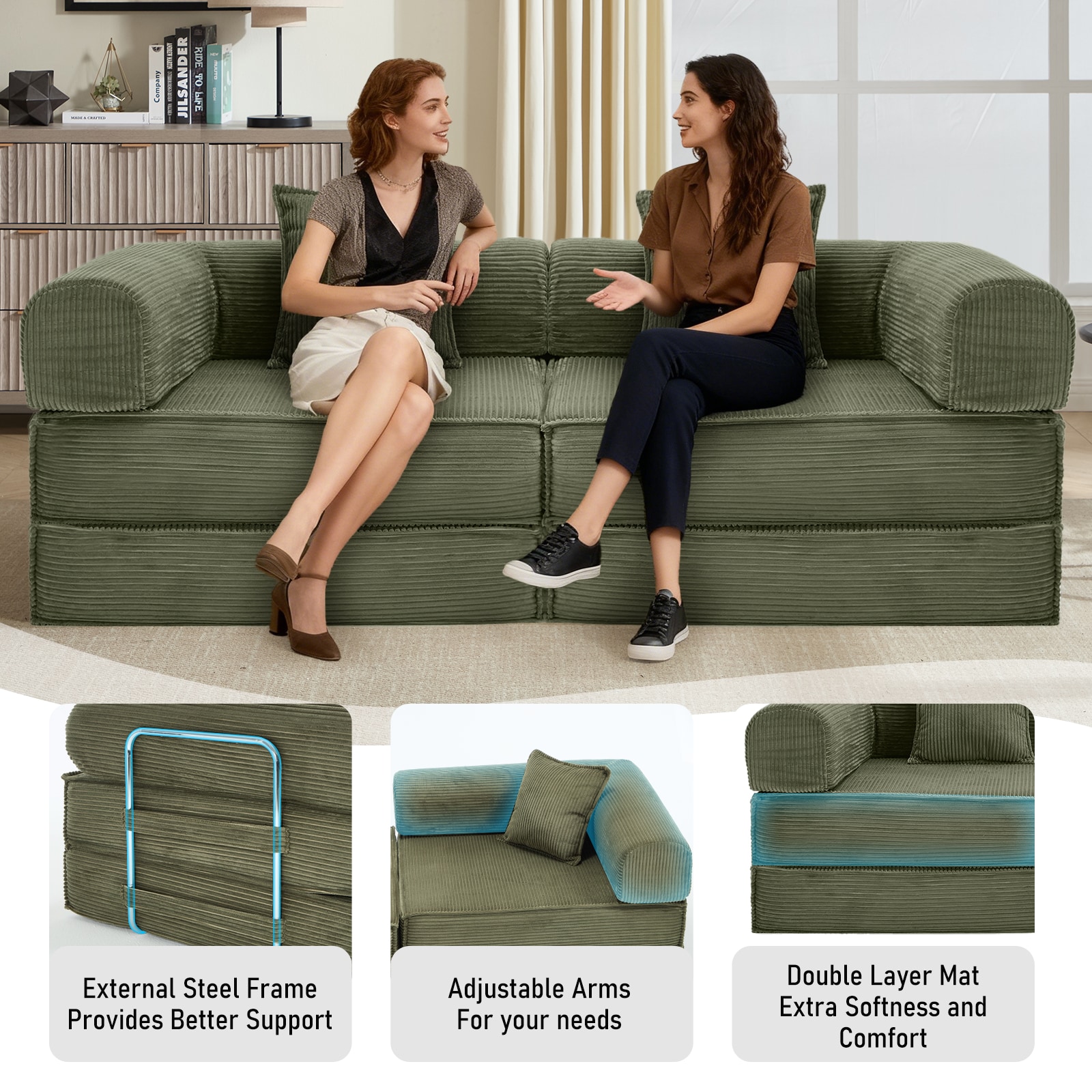 Convertible Sleeper Sofa Bed Modular Corduroy Couch With Pillows_voghion.com